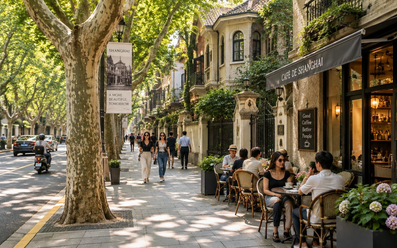 Shaded plane-tree sidewalk with café terraces and European-style villas in the Former French Concession