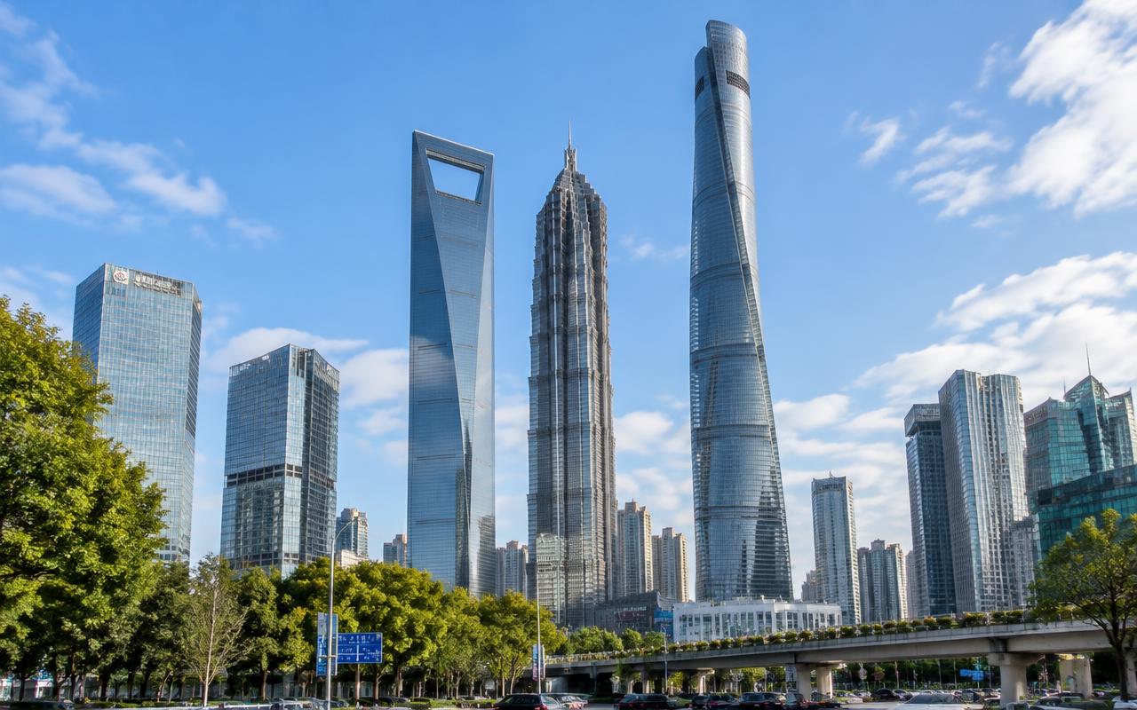 Shanghai Tower, Jin Mao Tower and the World Financial Center rising above tree-lined streets in Lujiazui