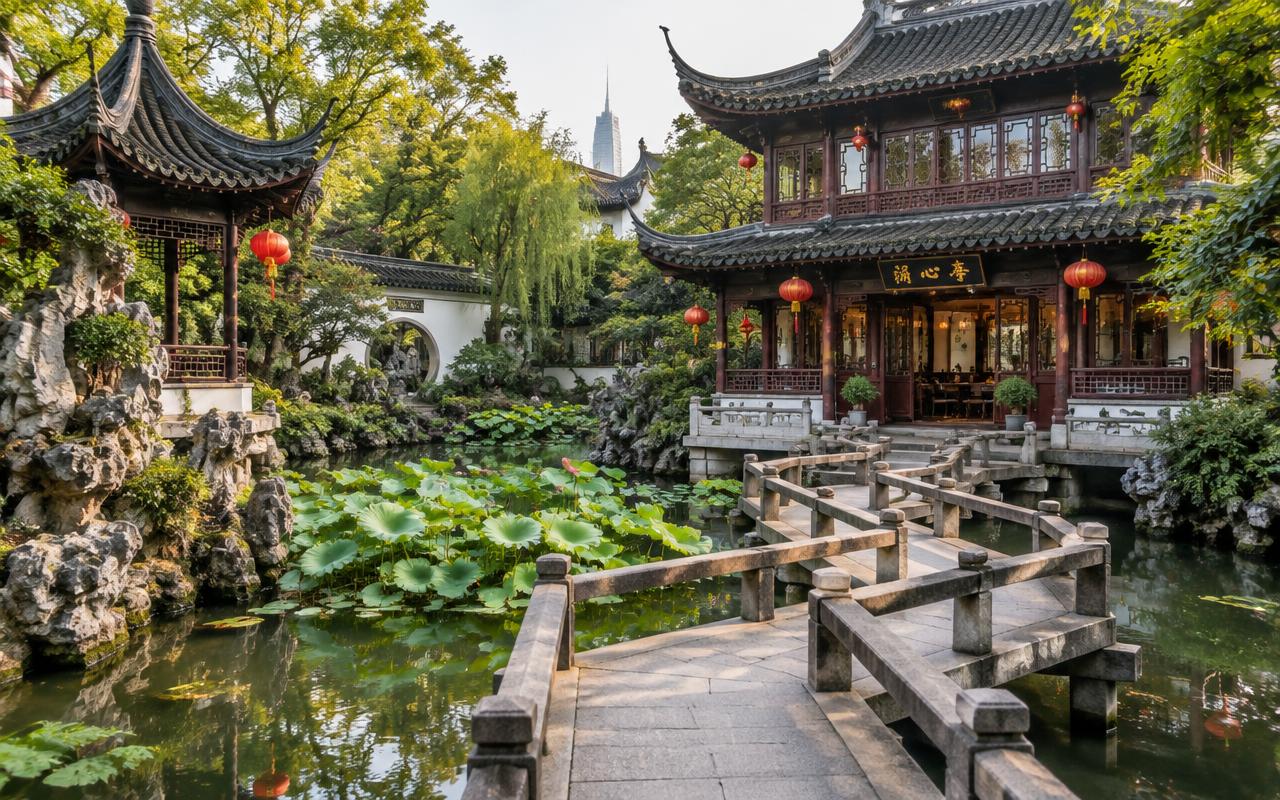 A zigzag stone bridge and lantern-hung pavilions above a lotus pond in Yu Garden